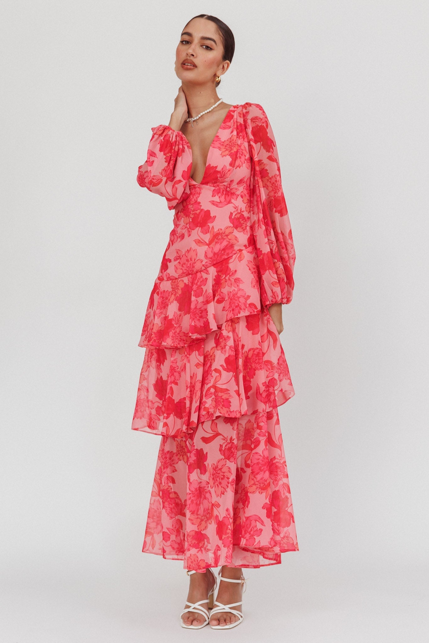 Veda Long Sleeve Floral Tiered Ruffle Maxi Dress Pink by Selfie Leslie