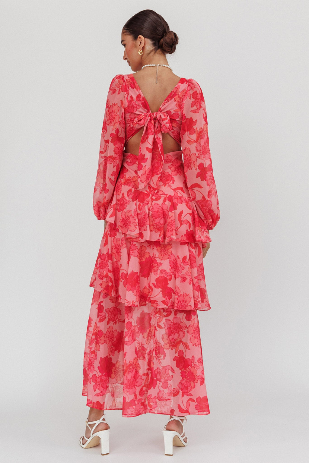 Veda Long Sleeve Floral Tiered Ruffle Maxi Dress Pink by Selfie Leslie