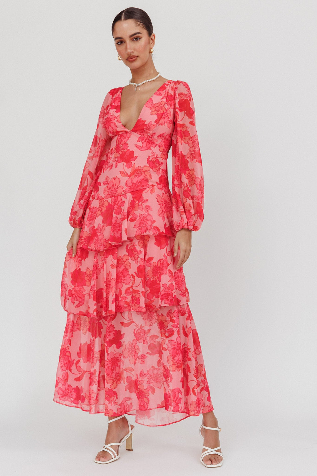 Veda Long Sleeve Floral Tiered Ruffle Maxi Dress Pink by Selfie Leslie