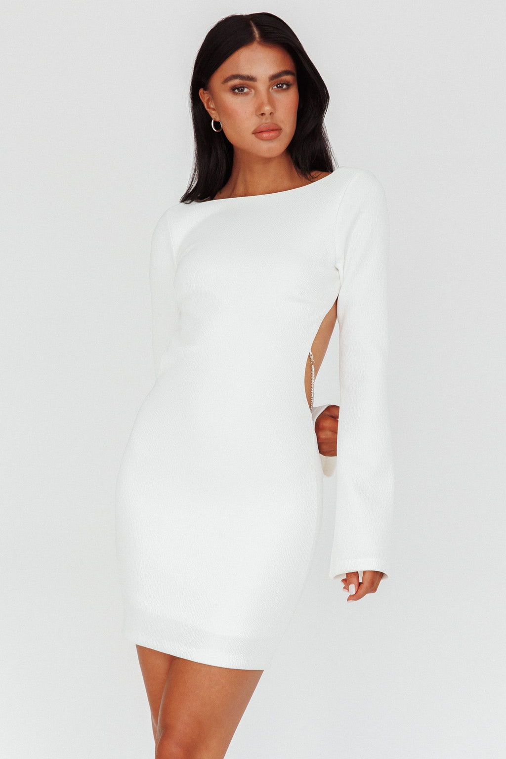 Lakshmi Long Sleeve Open Back Mini Dress White by Selfie Leslie