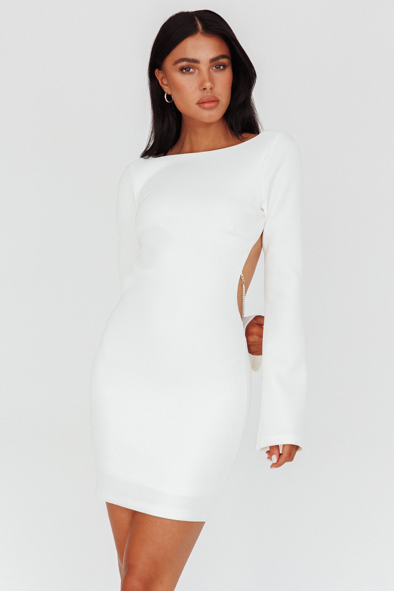 Lakshmi Long Sleeve Open Back Mini Dress White by Selfie Leslie