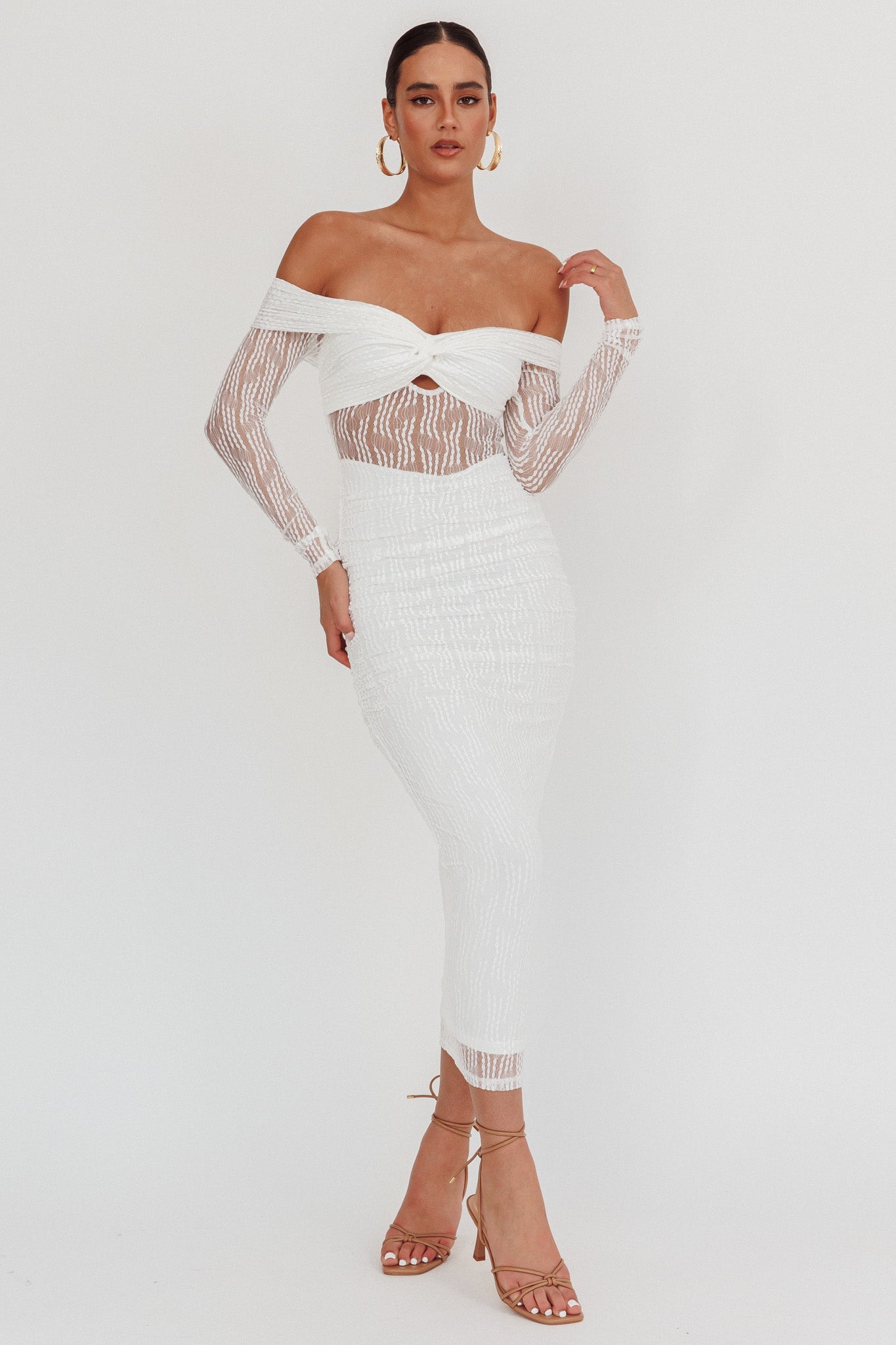 Oliana Off-Shoulder Mesh Maxi Dress White by Selfie Leslie
