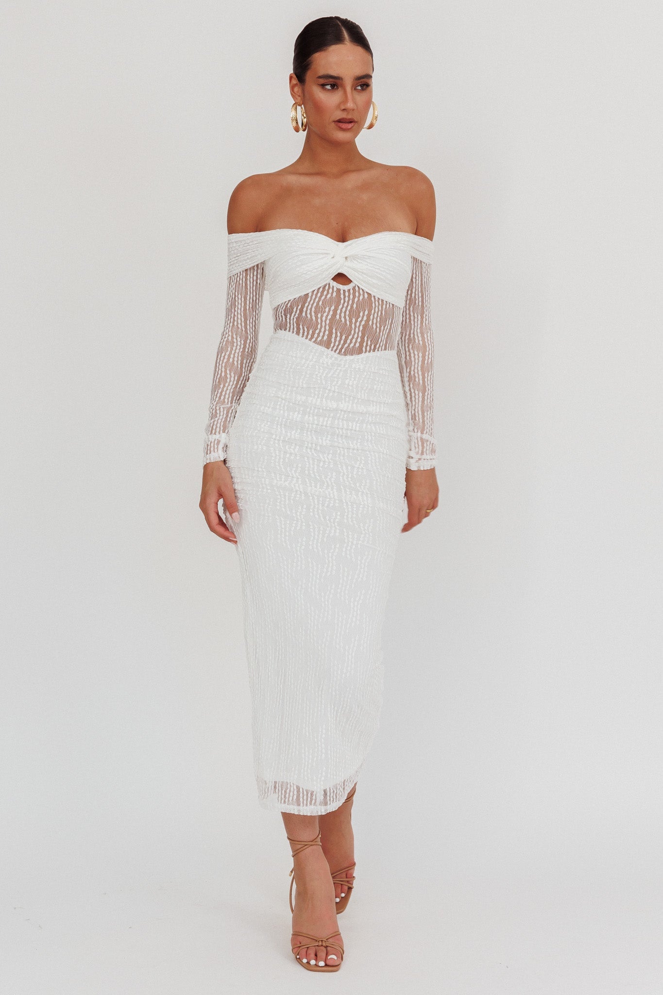 Oliana Off-Shoulder Mesh Maxi Dress White by Selfie Leslie