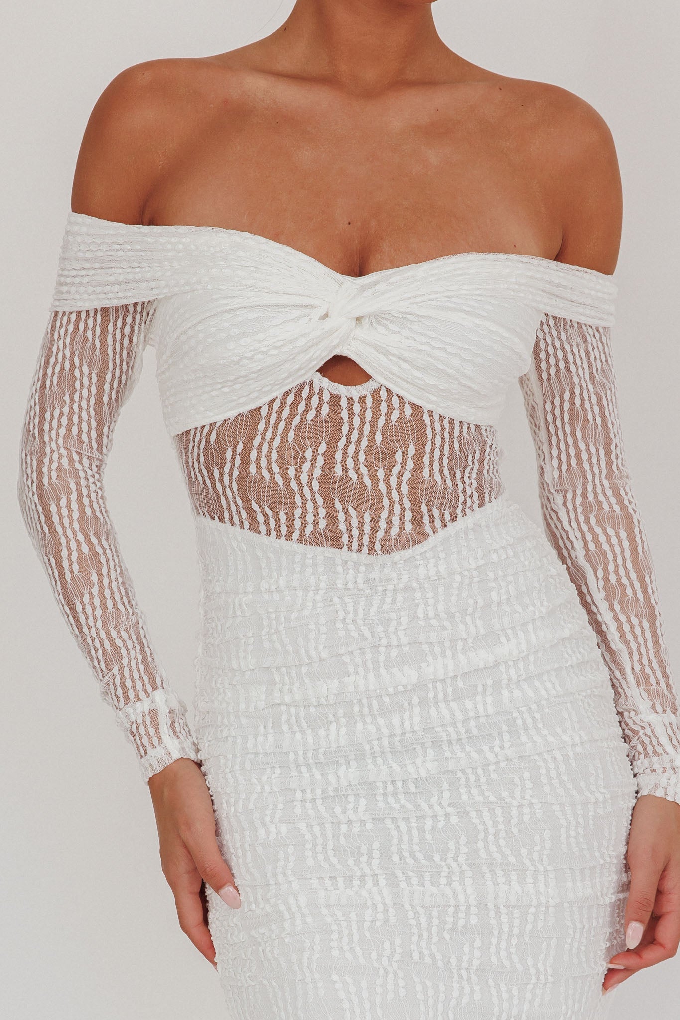 Oliana Off-Shoulder Mesh Maxi Dress White by Selfie Leslie