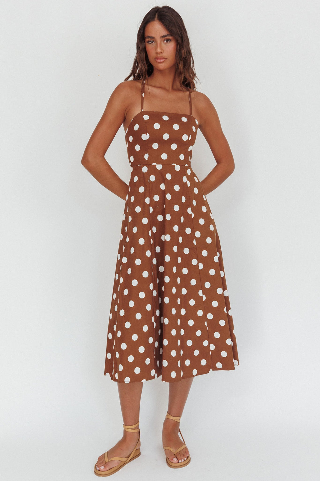 Second Glance Olga Criss-Cross Back Midi Dress Polka Dot Brown
