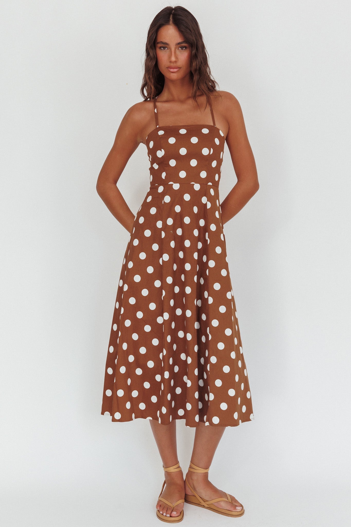 Second Glance Olga Criss-Cross Back Midi Dress Polka Dot Brown