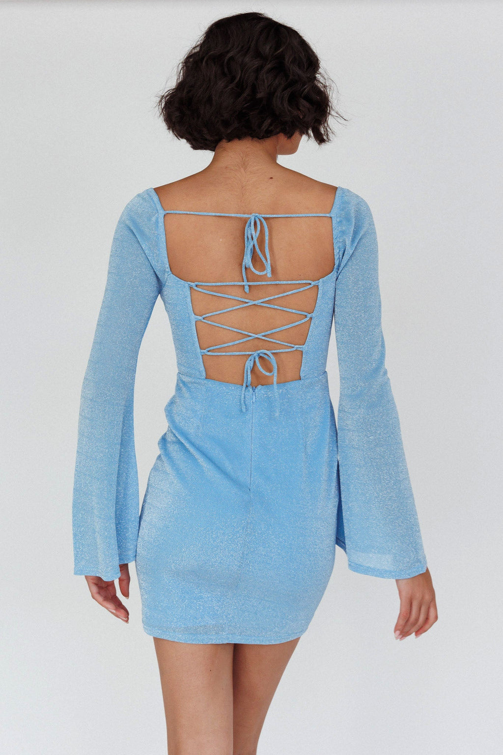 Dreaming Of Rome Laced Back Mini Dress Sparkle Blue by Selfie Leslie