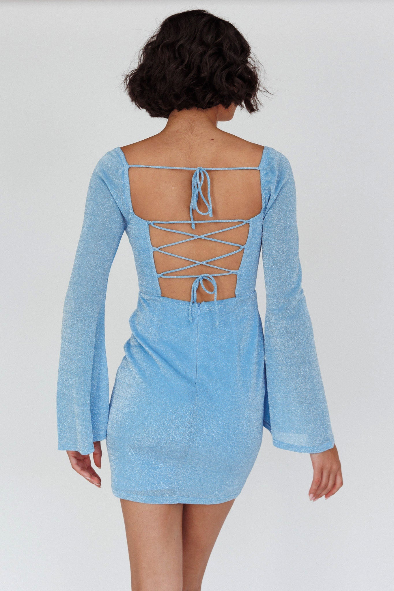 Dreaming Of Rome Laced Back Mini Dress Sparkle Blue by Selfie Leslie