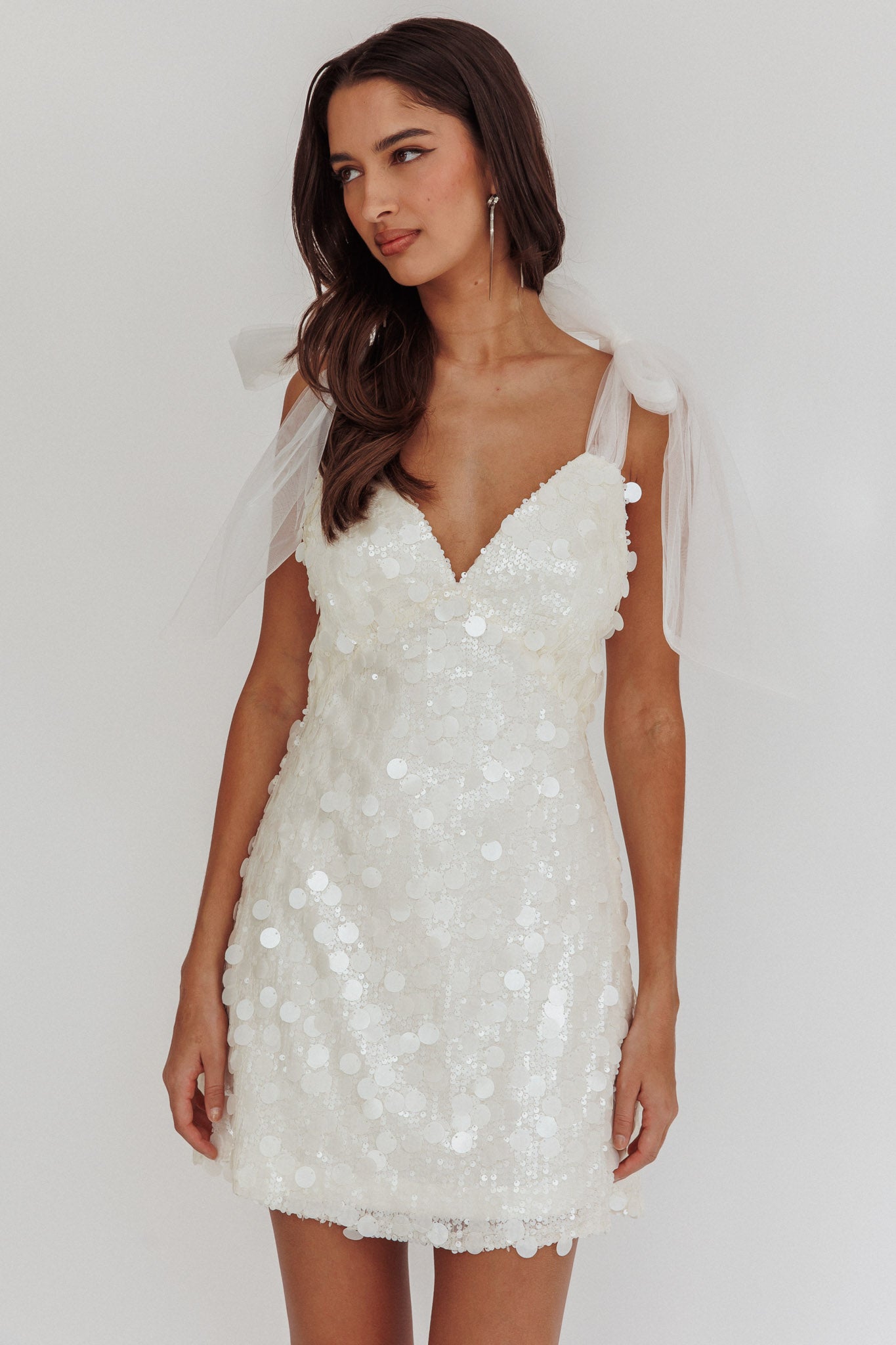 Mykonos Morning Tied Shoulder Sequin Mini Dress White by Selfie Leslie