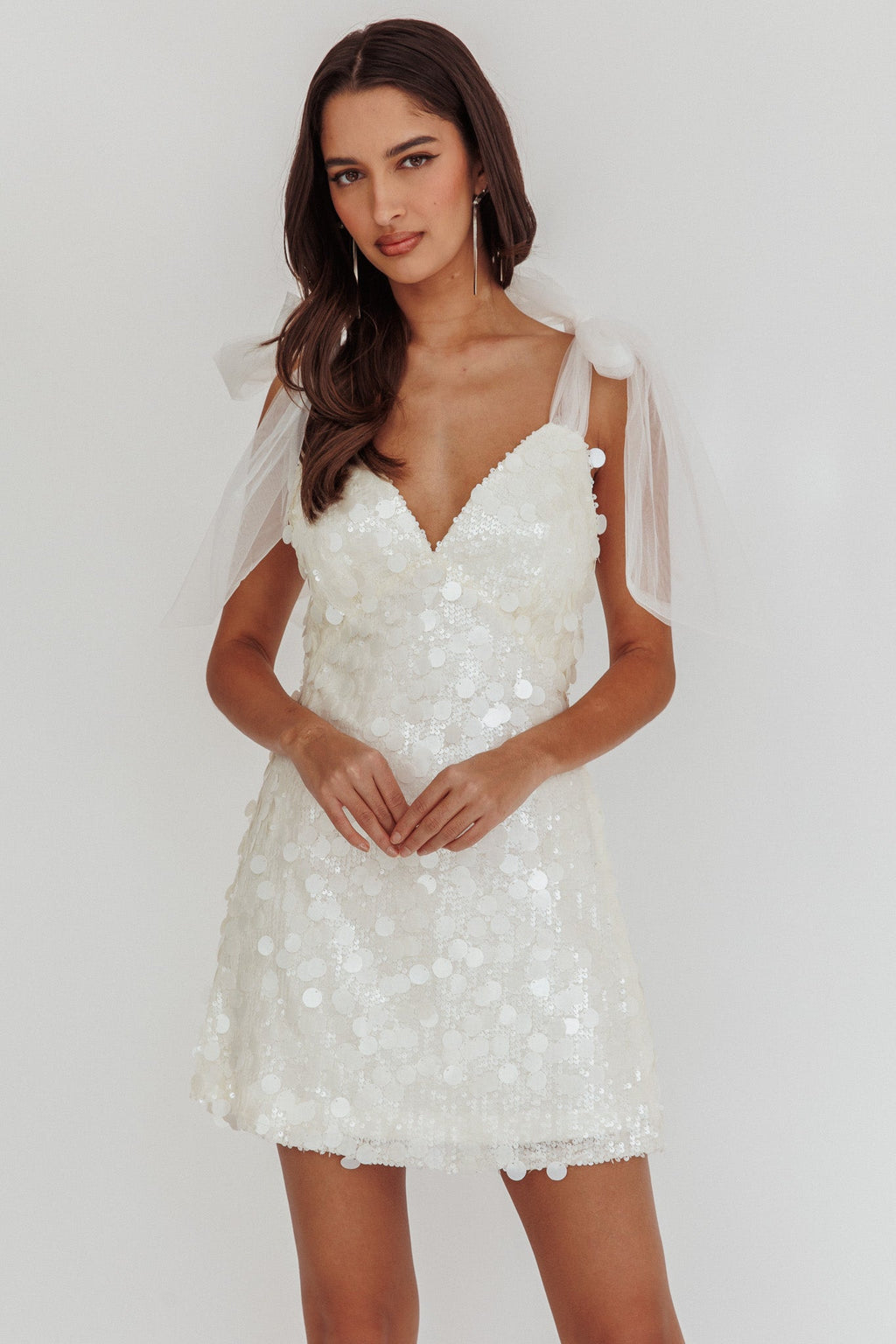 Mykonos Morning Tied Shoulder Sequin Mini Dress White by Selfie Leslie