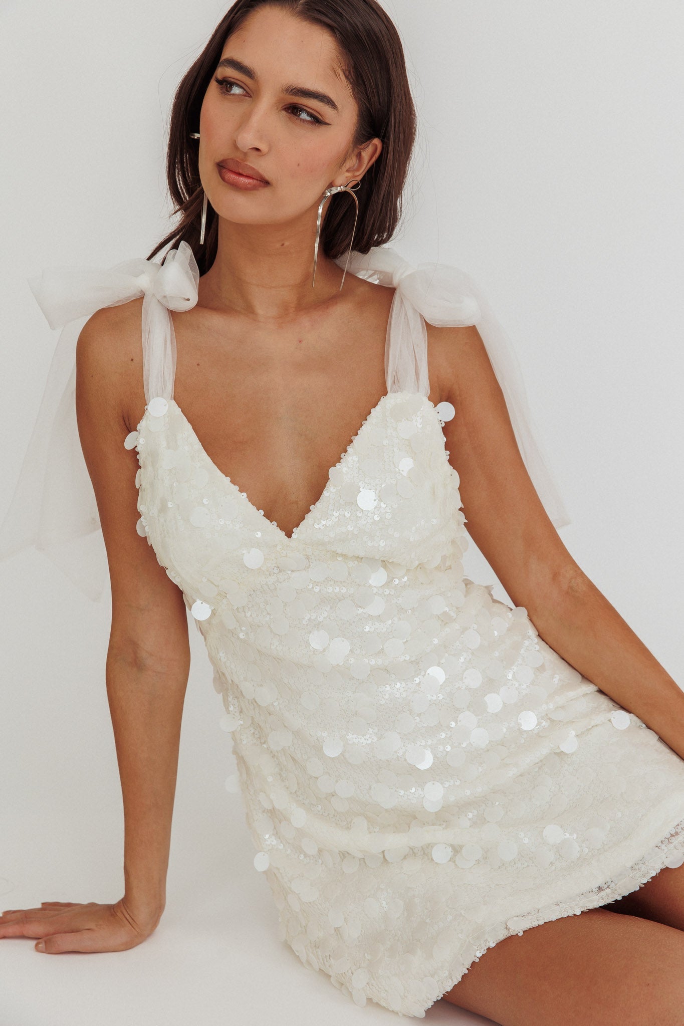 Mykonos Morning Tied Shoulder Sequin Mini Dress White by Selfie Leslie