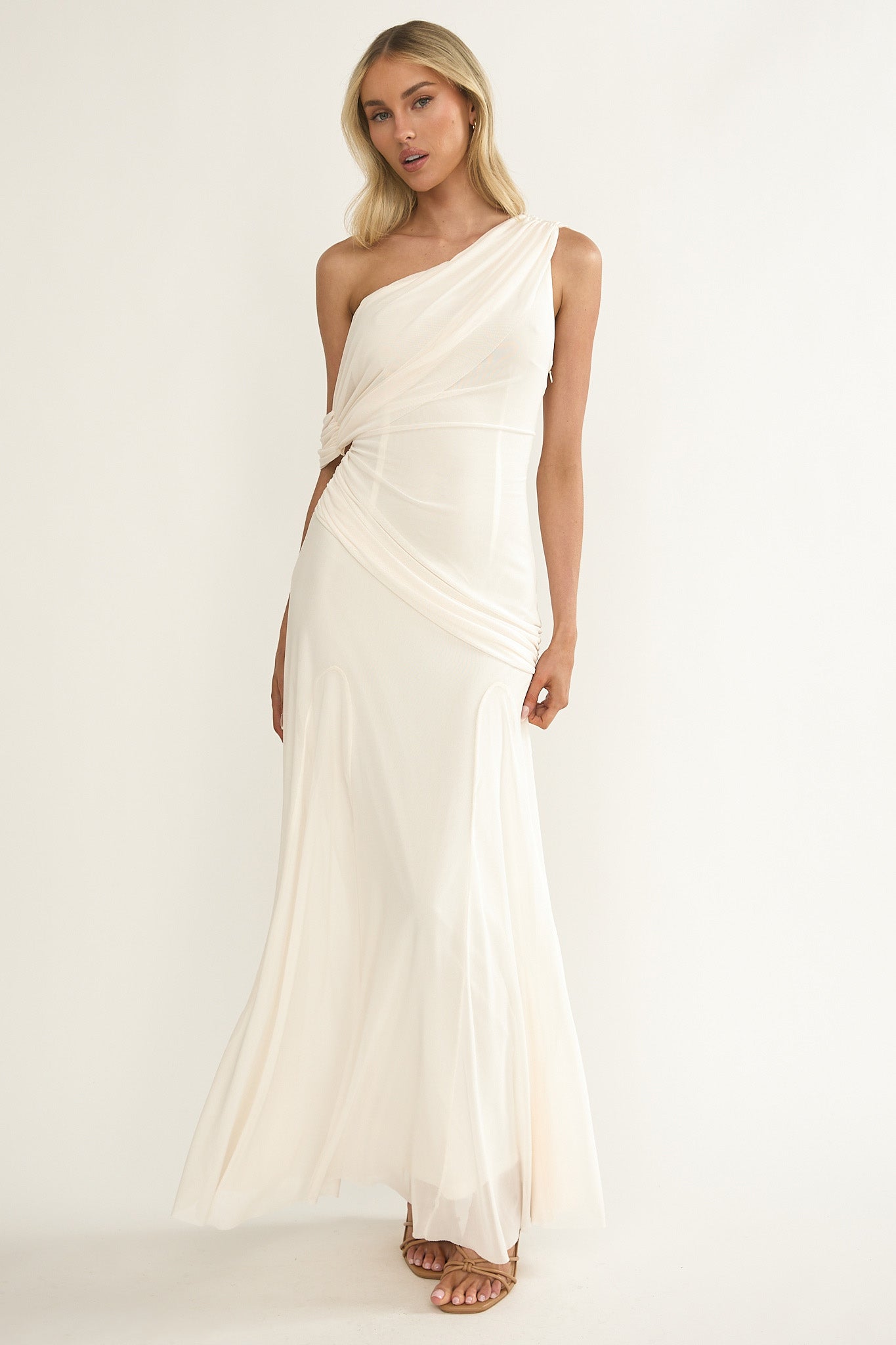 Anaisa Asymmetric Neckline Draped Maxi Dress Oyster by Selfie Leslie