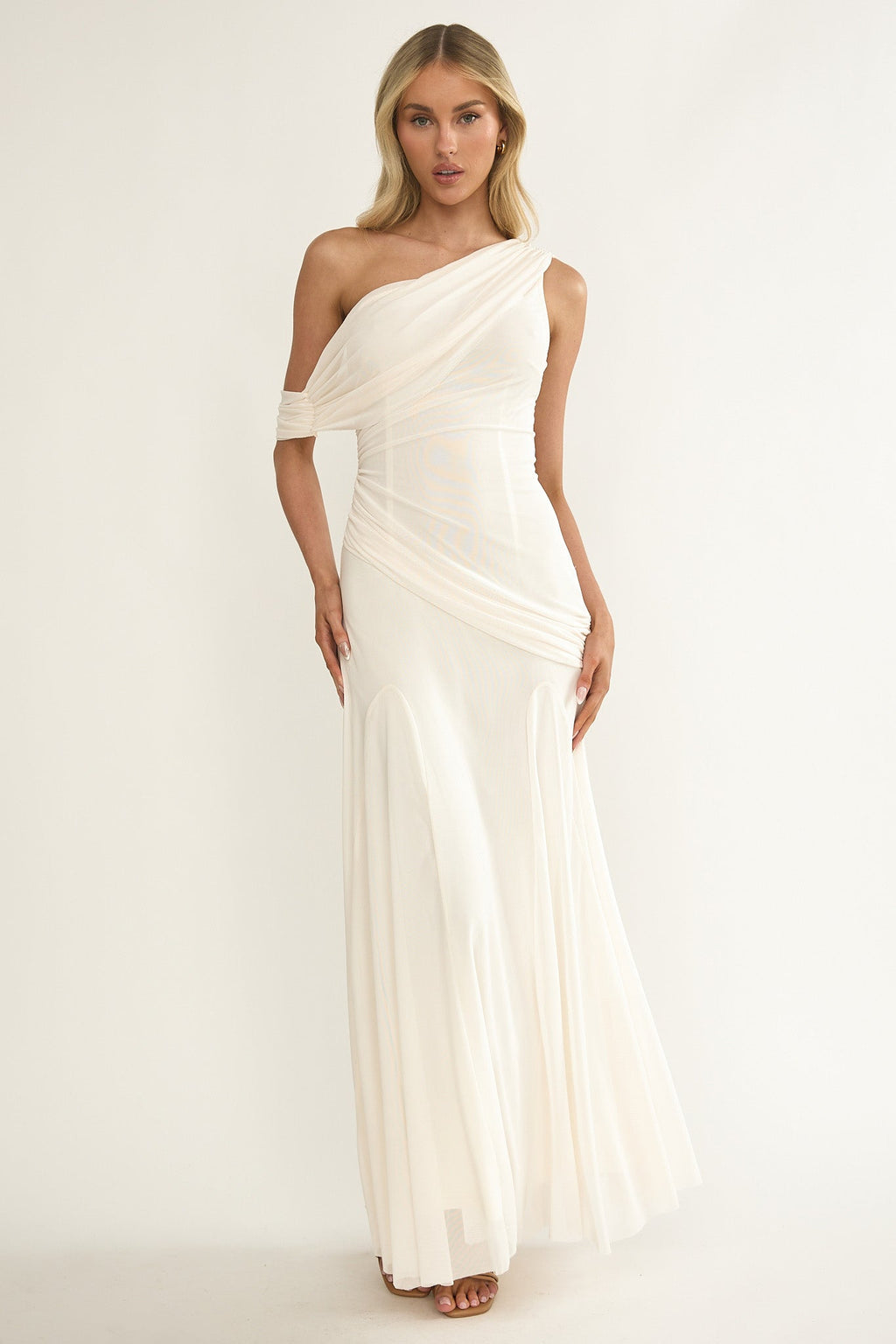 Anaisa Asymmetric Neckline Draped Maxi Dress Oyster by Selfie Leslie