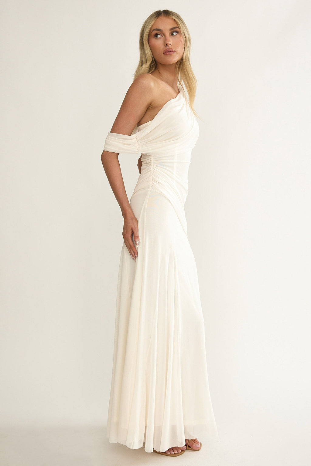 Anaisa Asymmetric Neckline Draped Maxi Dress Oyster by Selfie Leslie