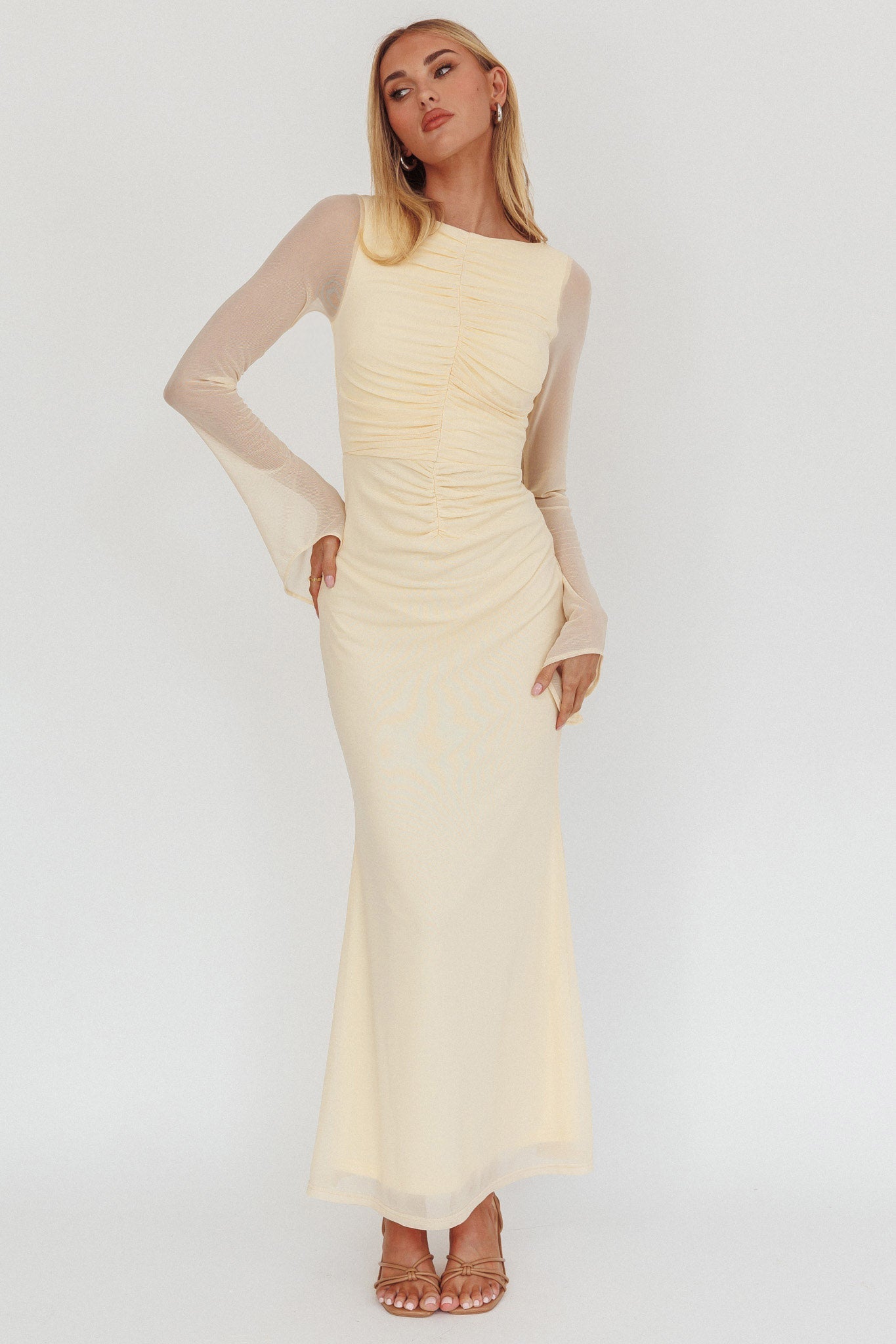 Luna Love Long Sleeve Mesh Maxi Dress Cream by Selfie Leslie