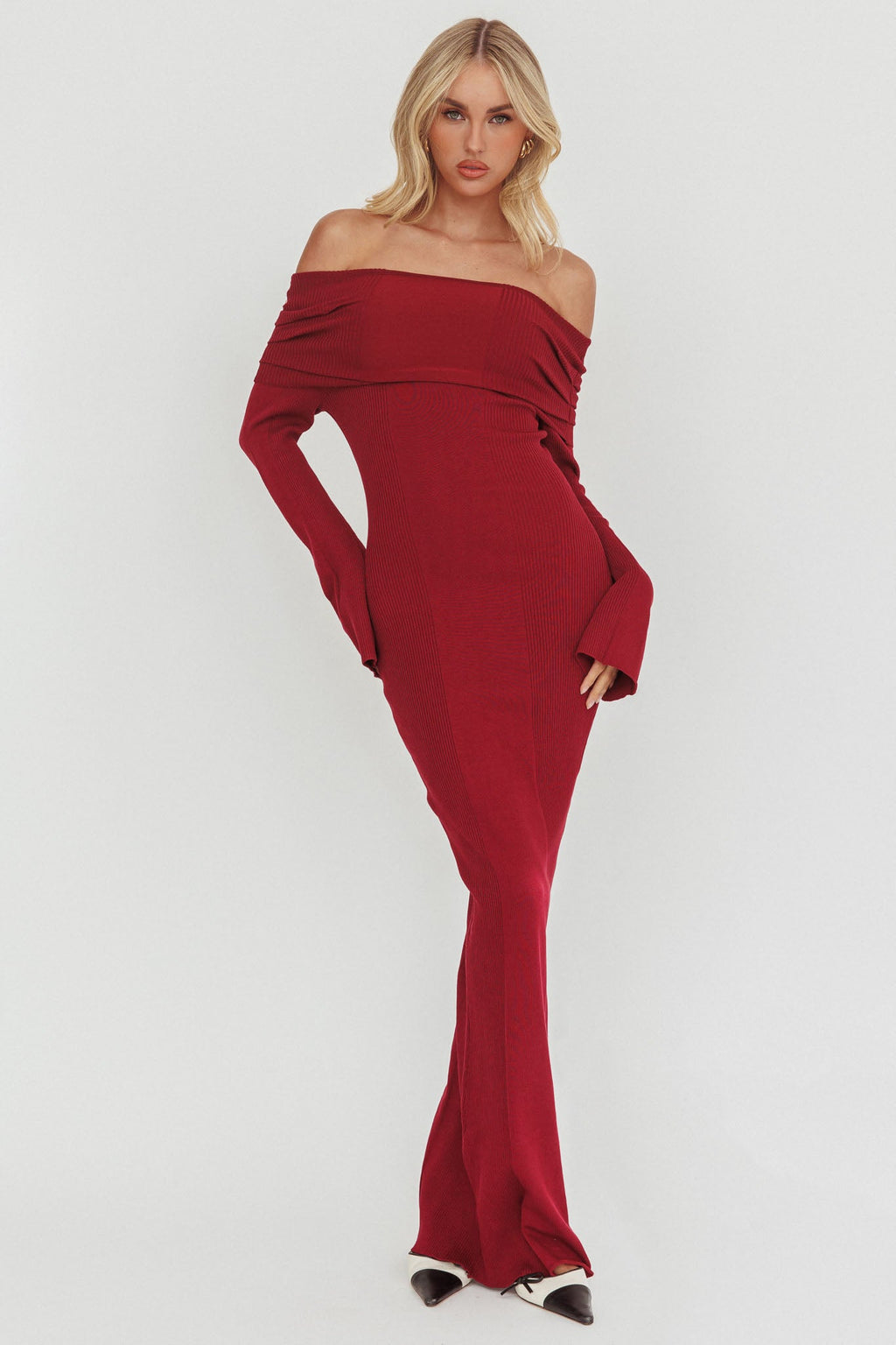Aloura Off-Shoulder Ribbed Knit Maxi Dress Wine by Selfie Leslie