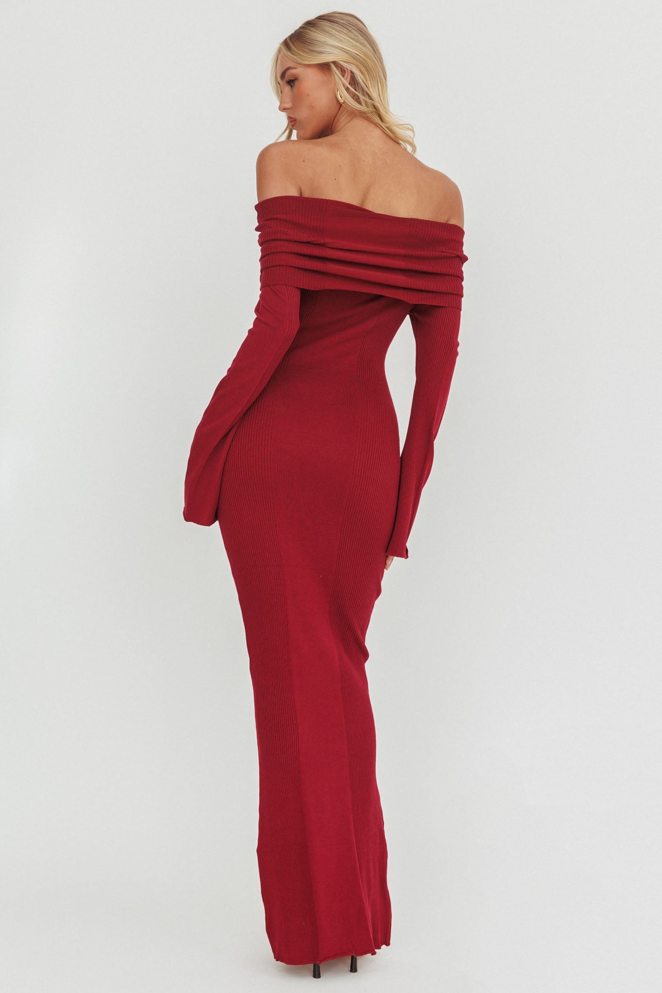 Aloura Off-Shoulder Ribbed Knit Maxi Dress Wine by Selfie Leslie