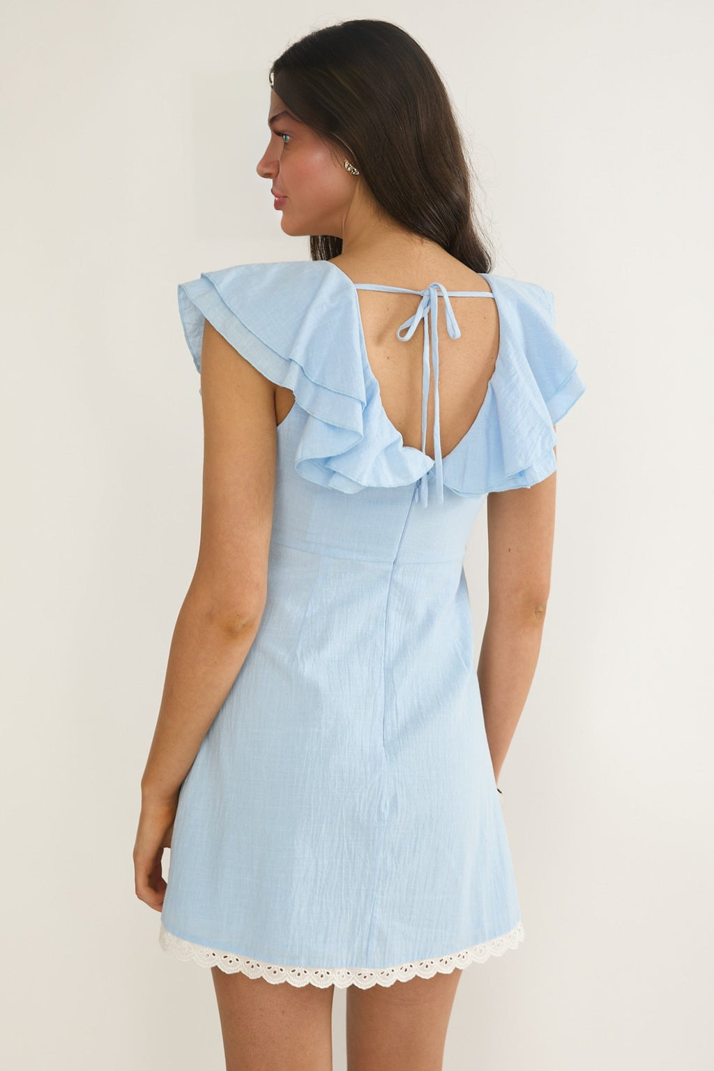 Elegeleges Layered Ruffle Neckline Mini Dress Blue
