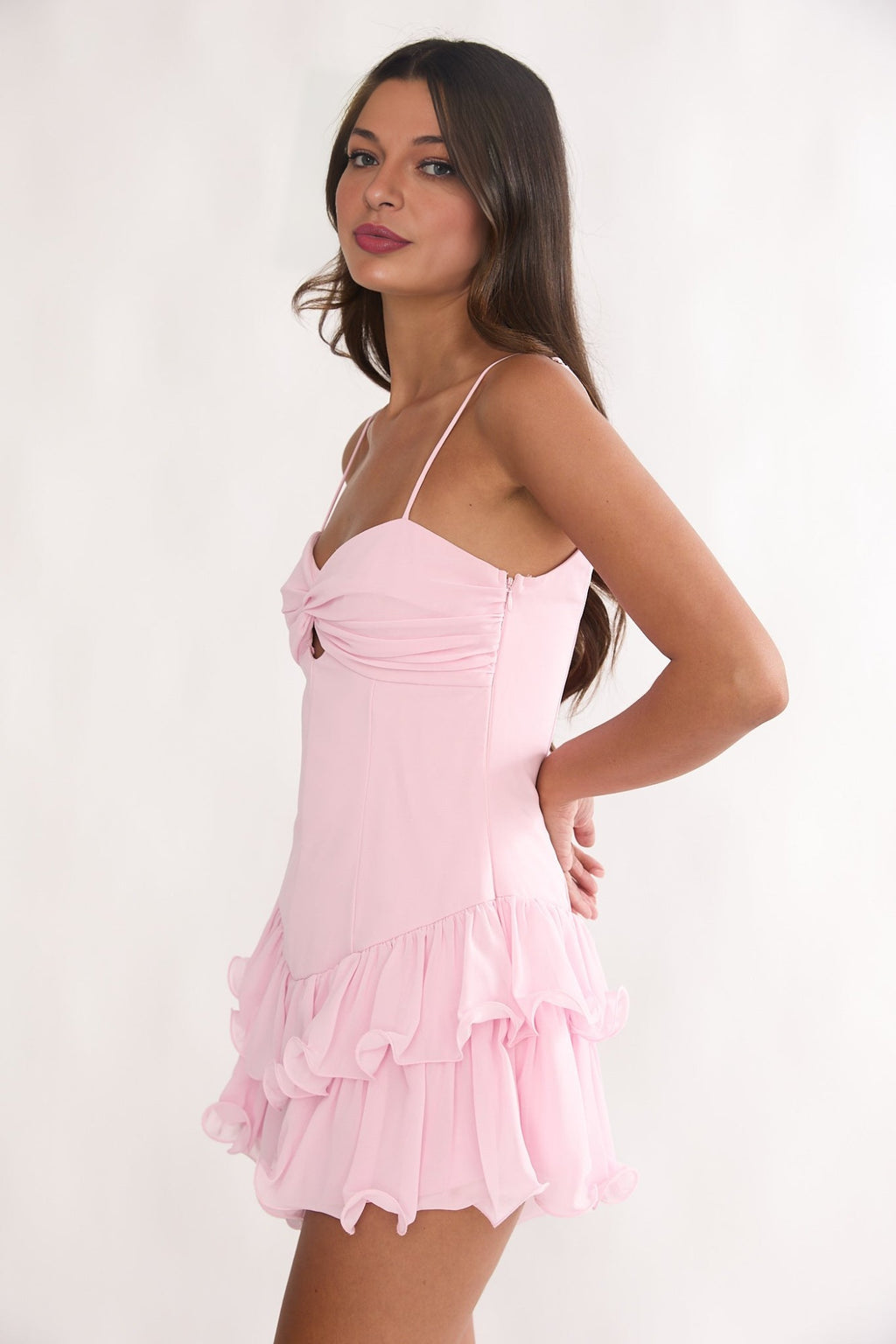 Elegeleges Heartstring Layered Hem Mini Dress Pink