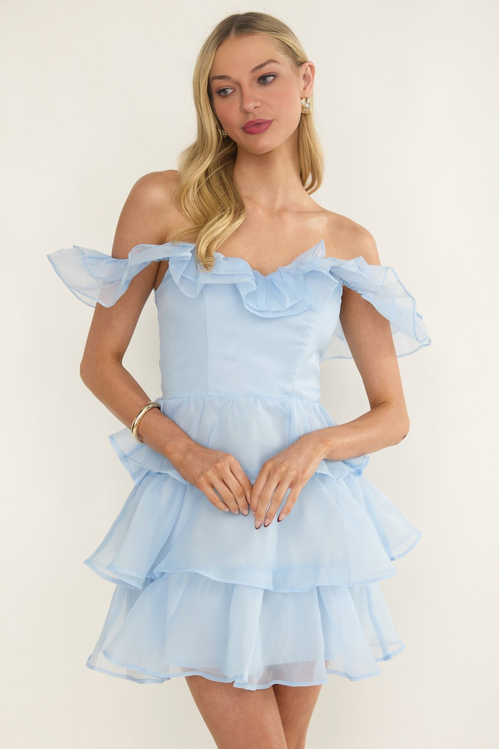 Elegeleges Off-Shoulder Ruffle Mini Dress Sky Blue