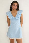 Elegeleges Layered Ruffle Neckline Mini Dress Blue