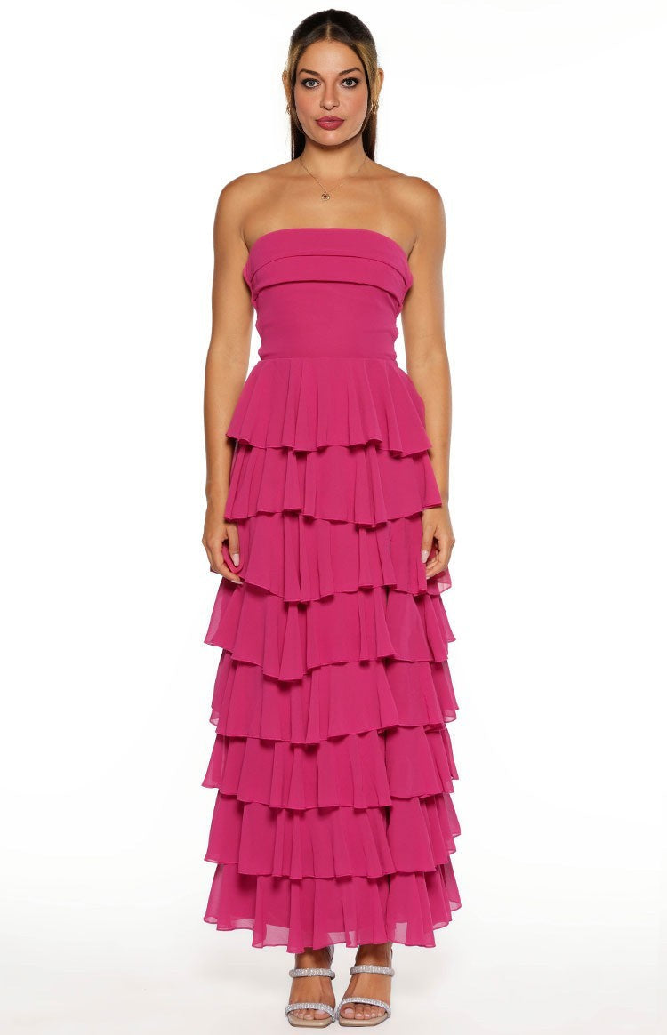 Elegeleges Multi-Color Strapless Ruffle Maxi Dresses