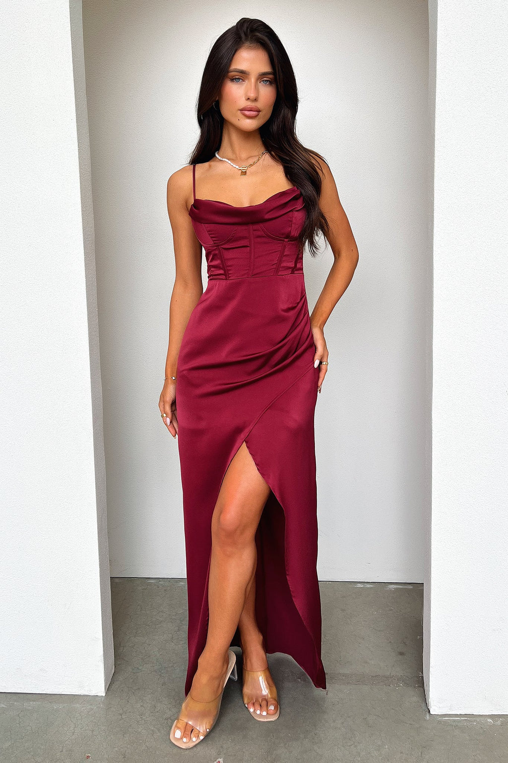 Aiana Satin Maxi Dress - Burgundy