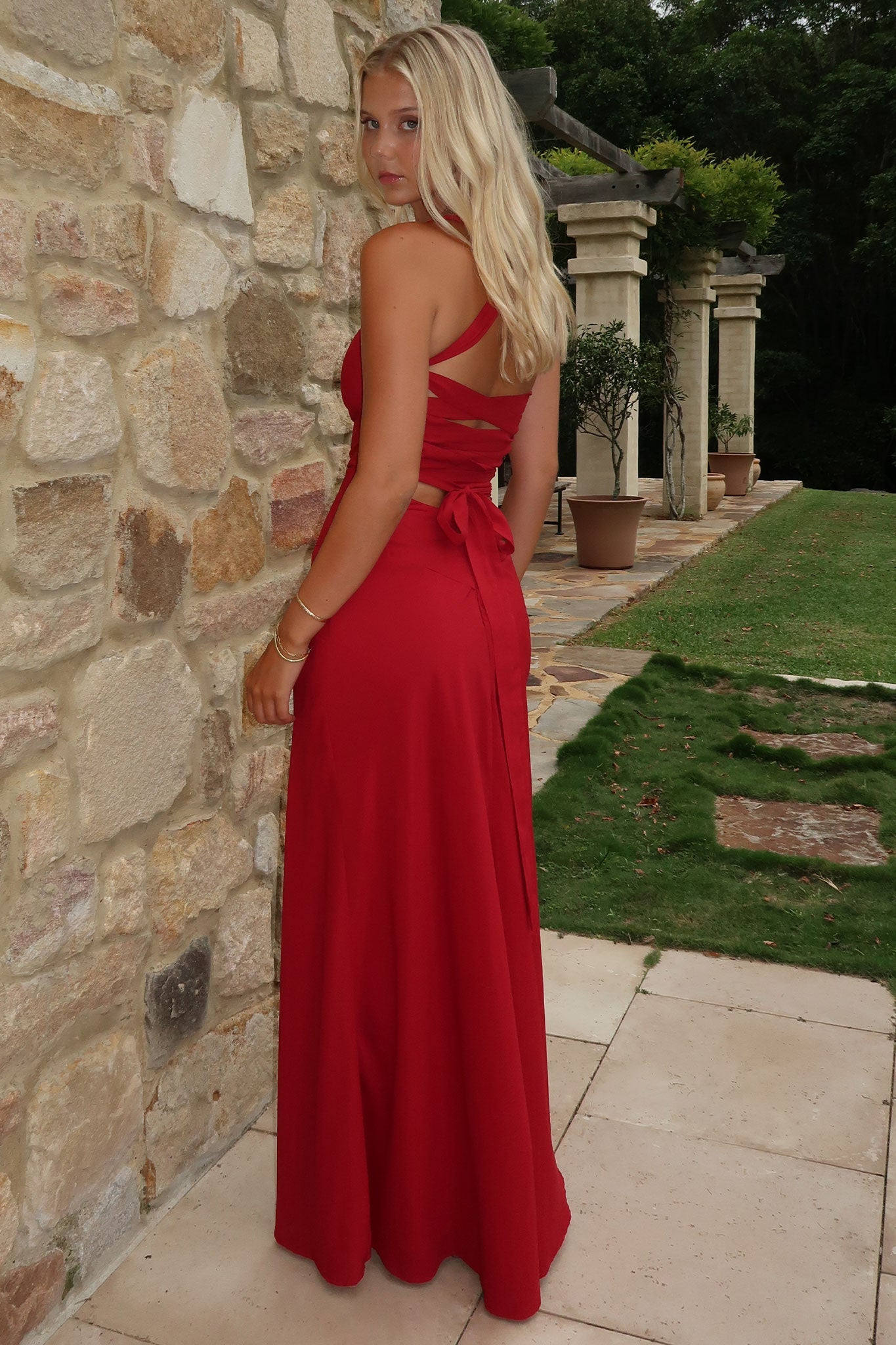 Alara Lace-Up Back Maxi Dress - Burgundy