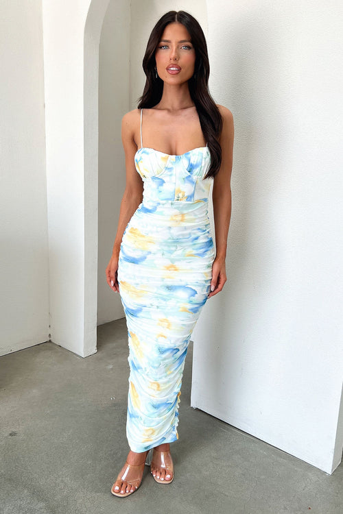 Alberta Ruched Maxi Dress - Blue/Yellow Floral