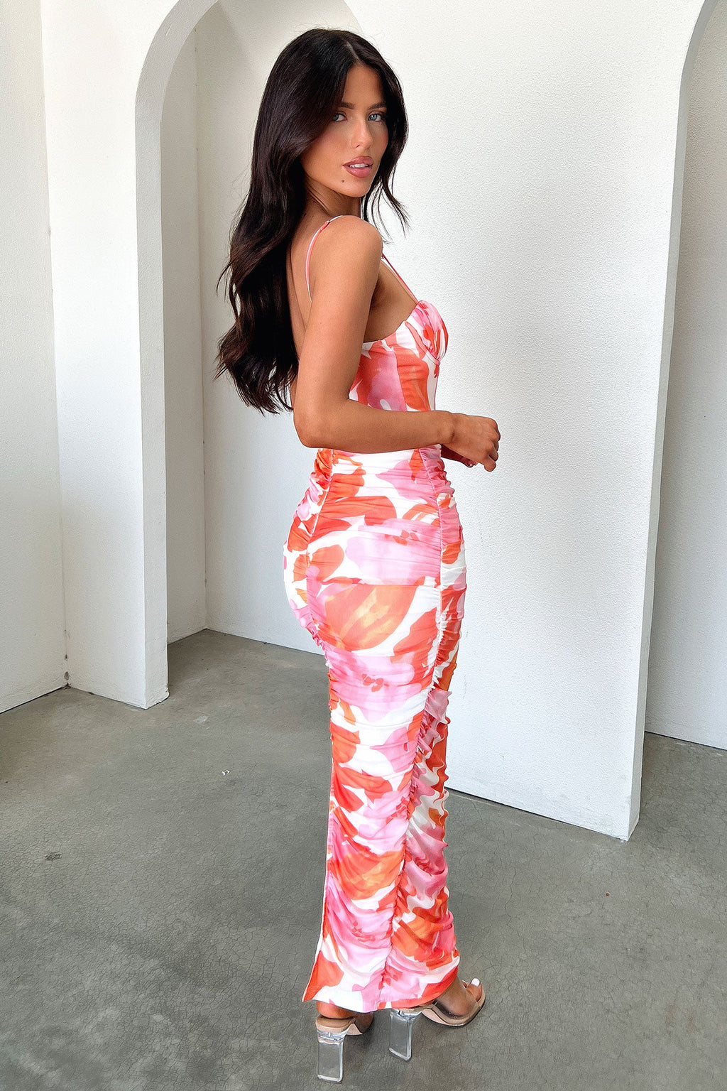 Alberta Ruched Maxi Dress - Pink/Orange Floral