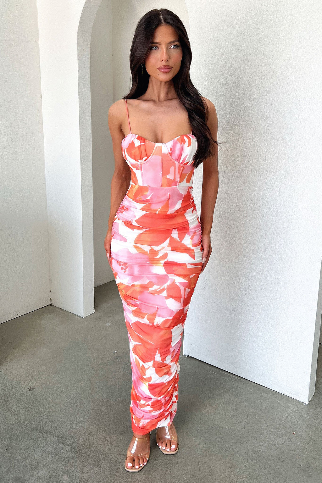 Alberta Ruched Maxi Dress - Pink/Orange Floral