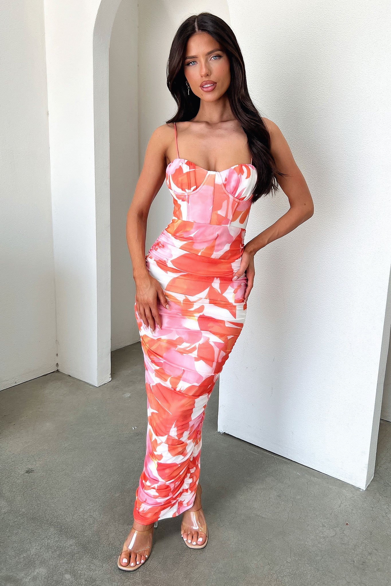 Alberta Ruched Maxi Dress - Pink/Orange Floral