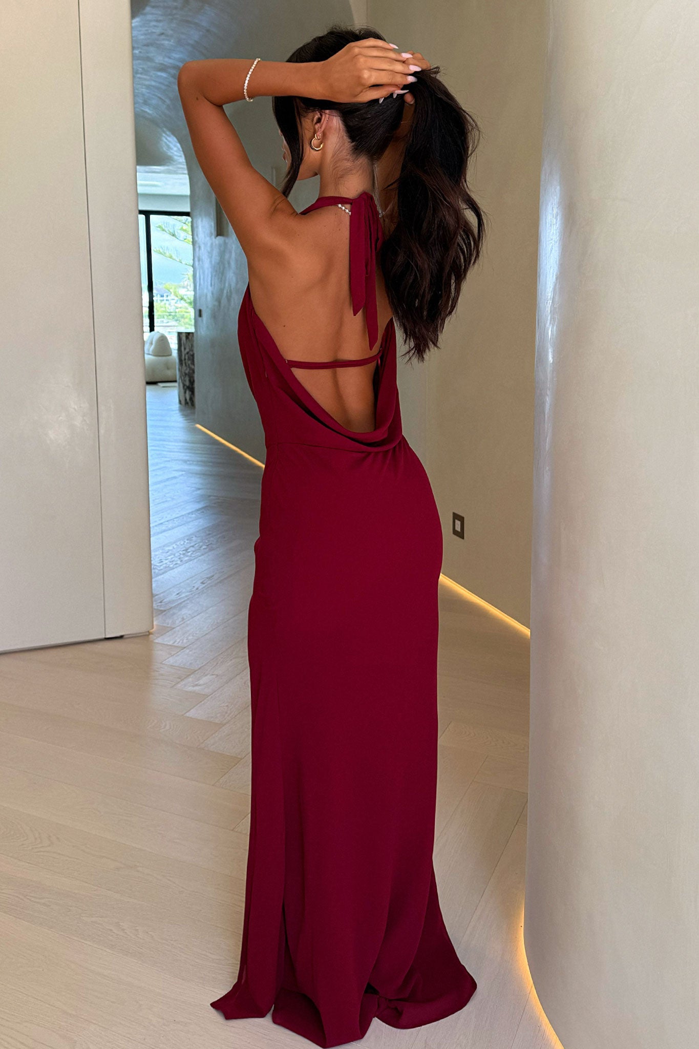 Amedeo Plunge Halter Neck Maxi Dress - Burgundy
