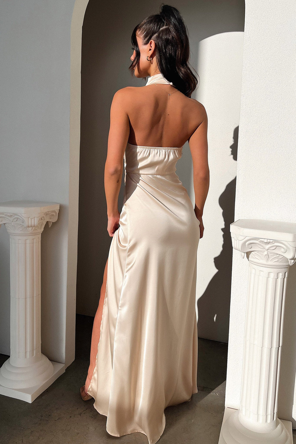 Arabelle High Neck Satin Maxi Dress - Champagne