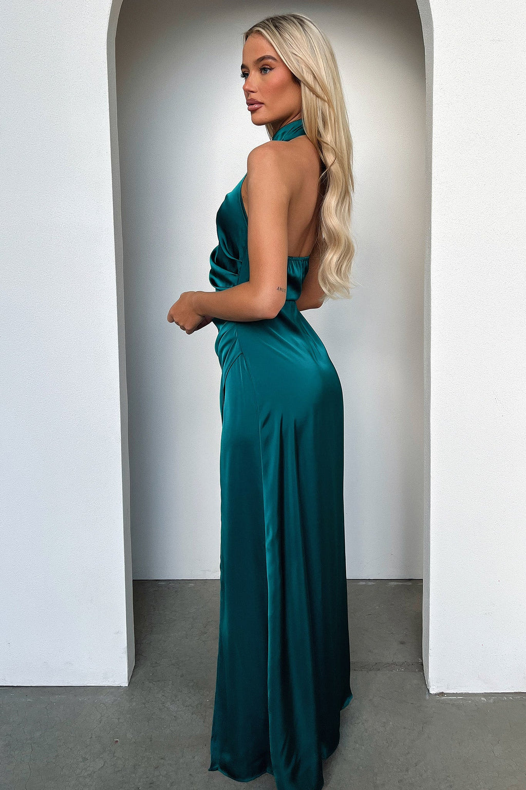 Arabelle High Neck Satin Maxi Dress - Emerald
