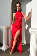 Arabelle High Neck Satin Maxi Dress - Red