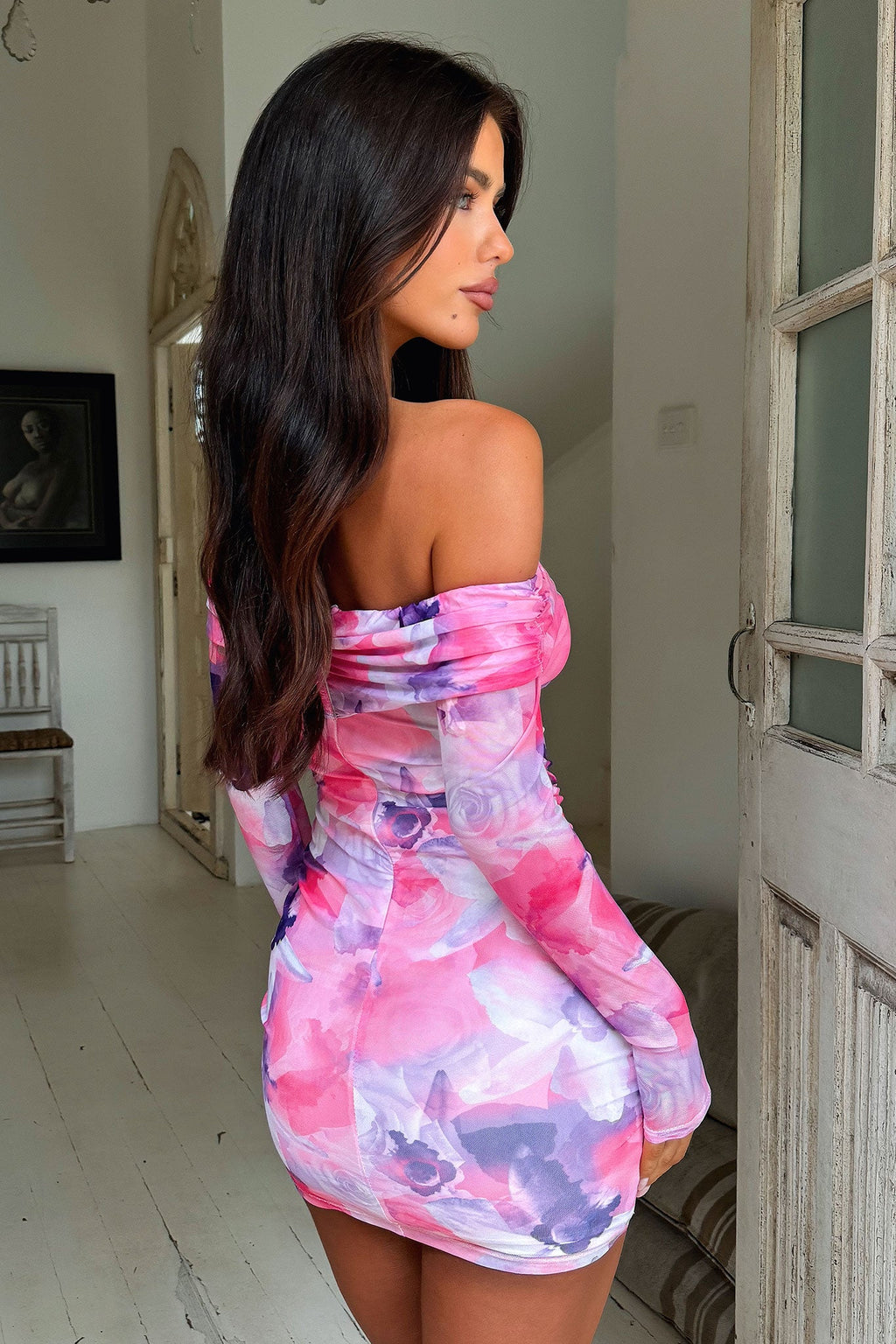 Candice Off Shoulder Long Sleeve Mini Dress - Pink Floral