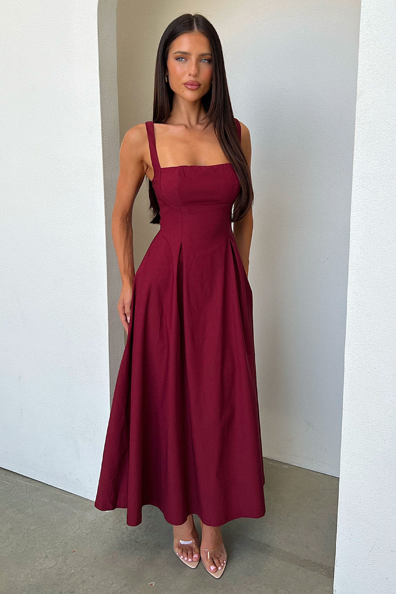 Chantelle Square Neck Midi Dress - Burgundy