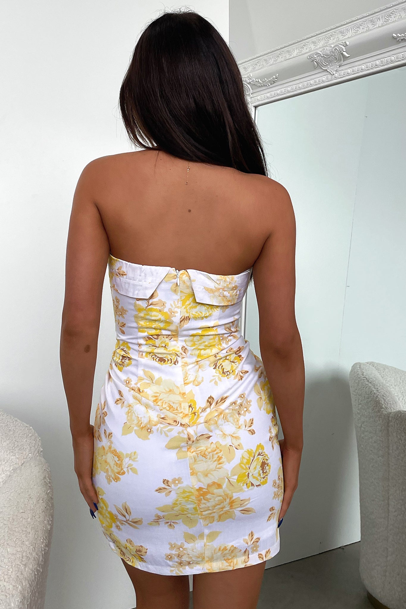 Charms Strapless Mini Dress - Yellow/ White Floral