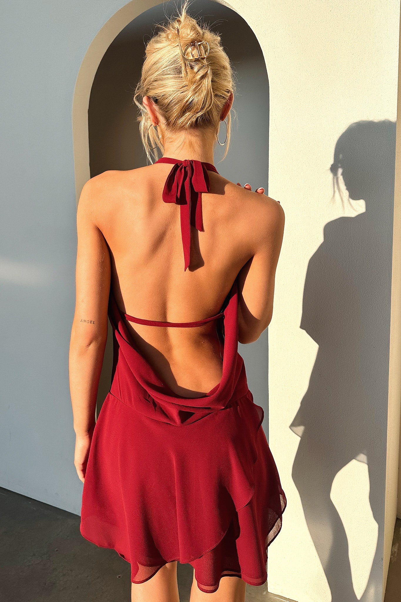 Cleo Plunge Cowl Neck Mini Dress - Burgundy