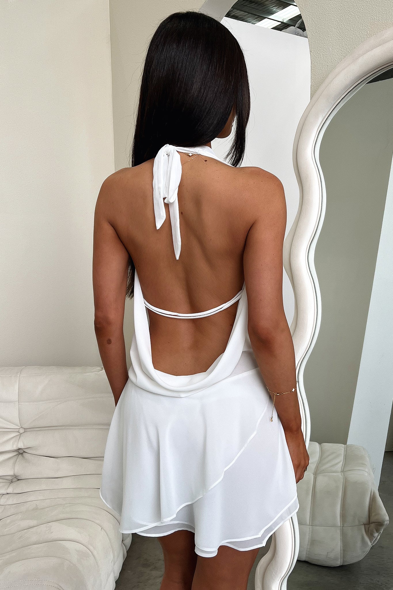 Cleo Plunge Cowl Neck Mini Dress - White