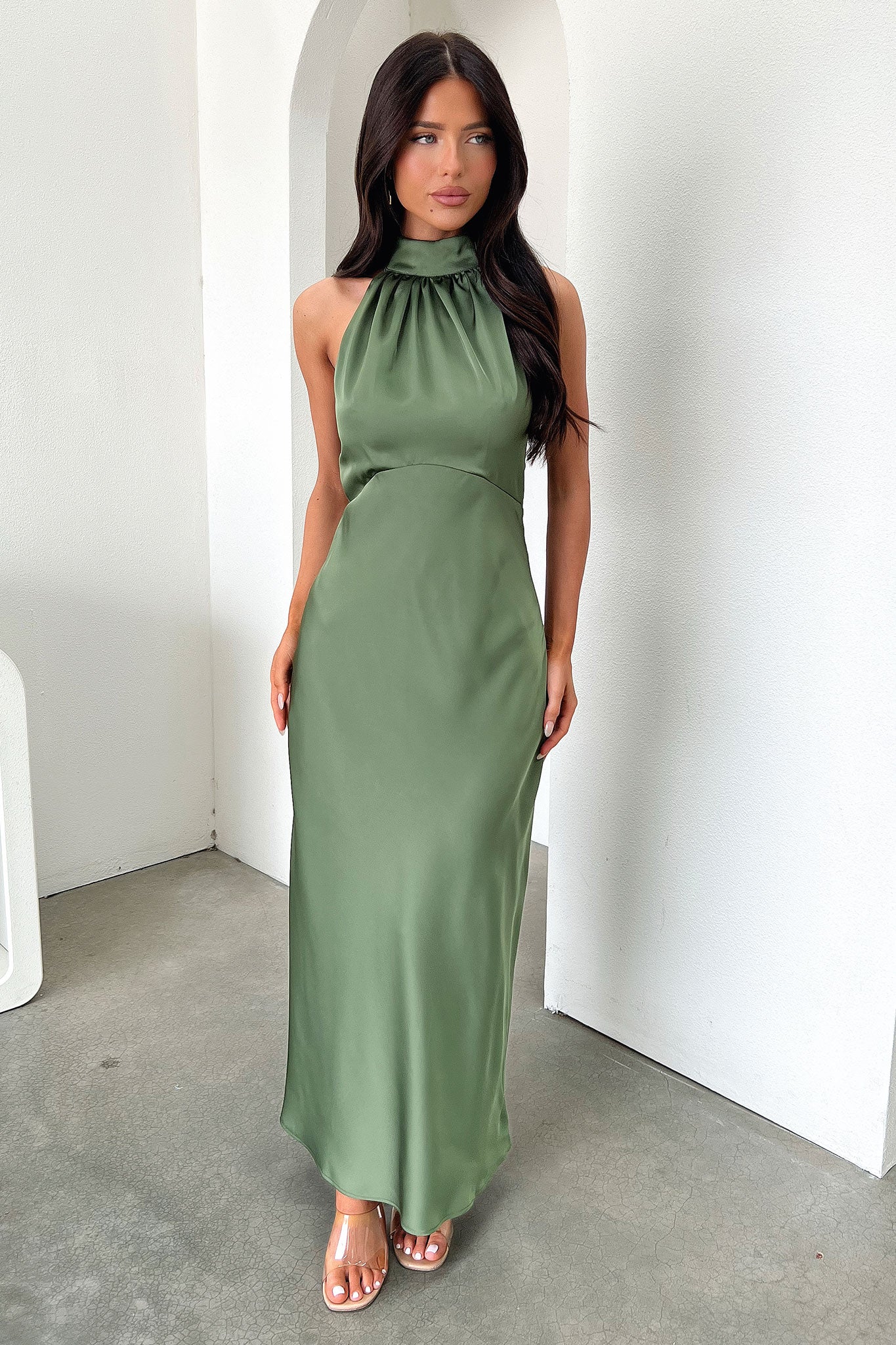 Daphne High Neck Maxi Dress - Olive