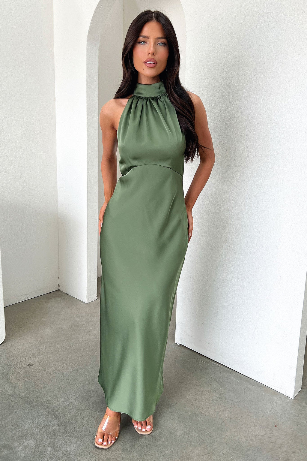 Daphne High Neck Maxi Dress - Olive
