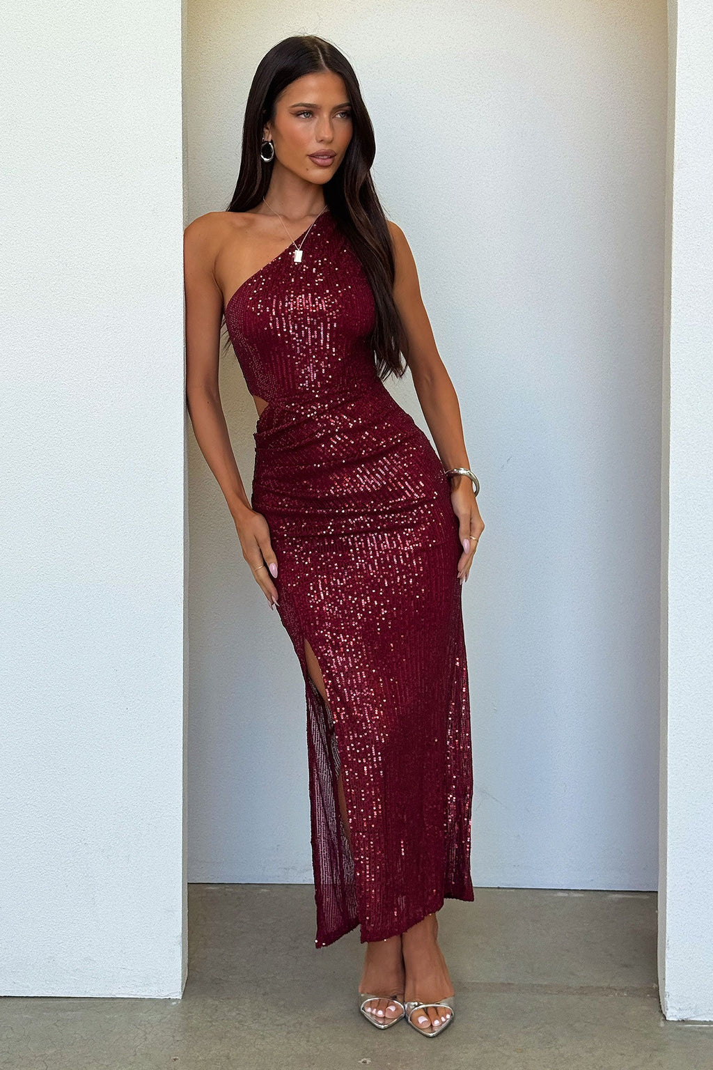 Dura One Shoulder Sequin Midi Dress - Burgundy