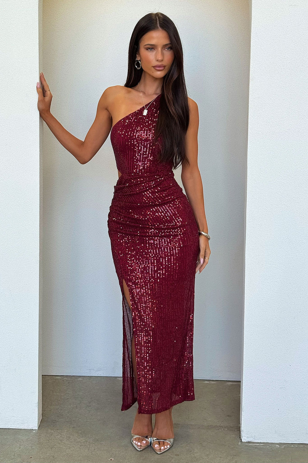 Dura One Shoulder Sequin Midi Dress - Burgundy