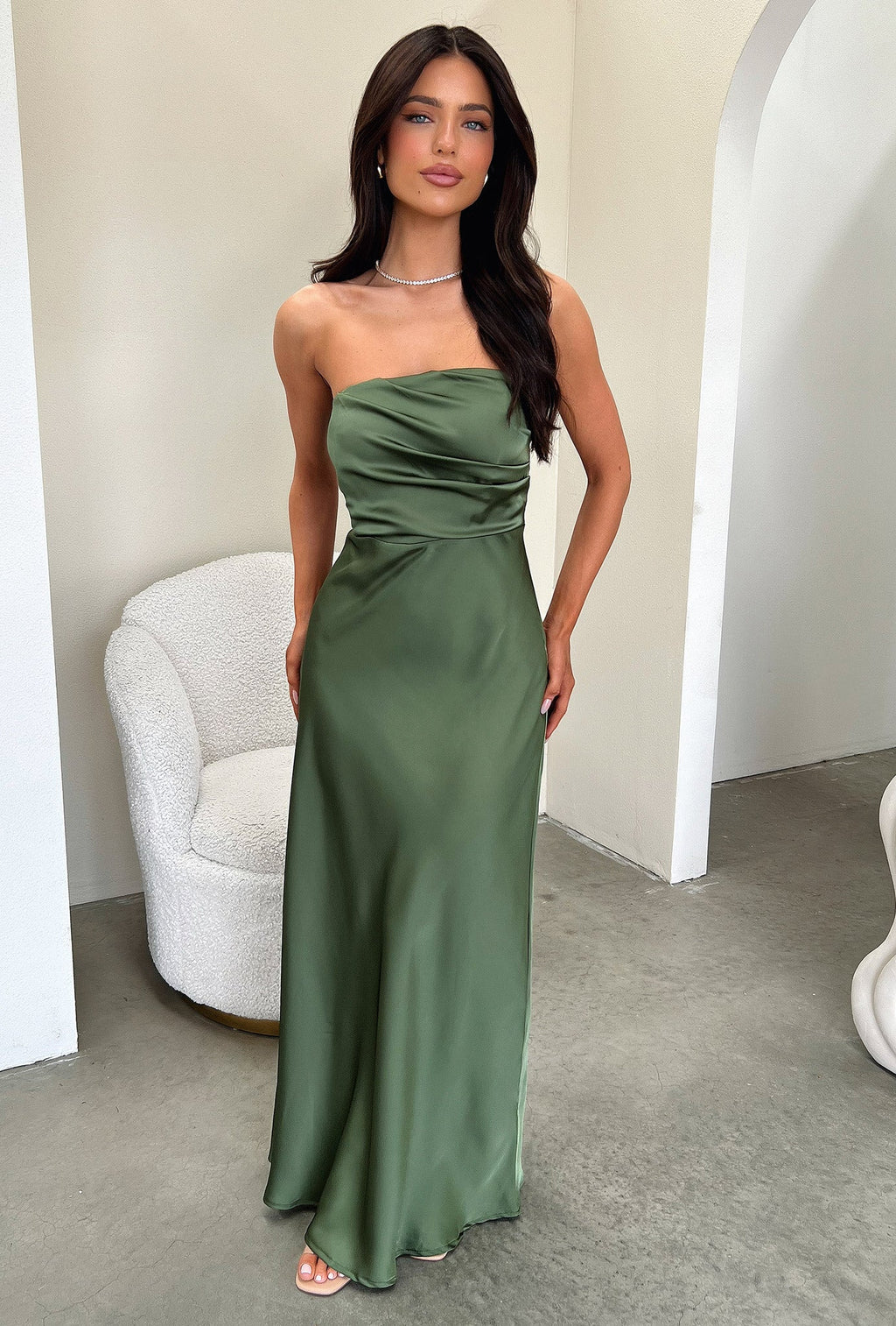 Elio Strapless Satin Maxi Dress - Olive