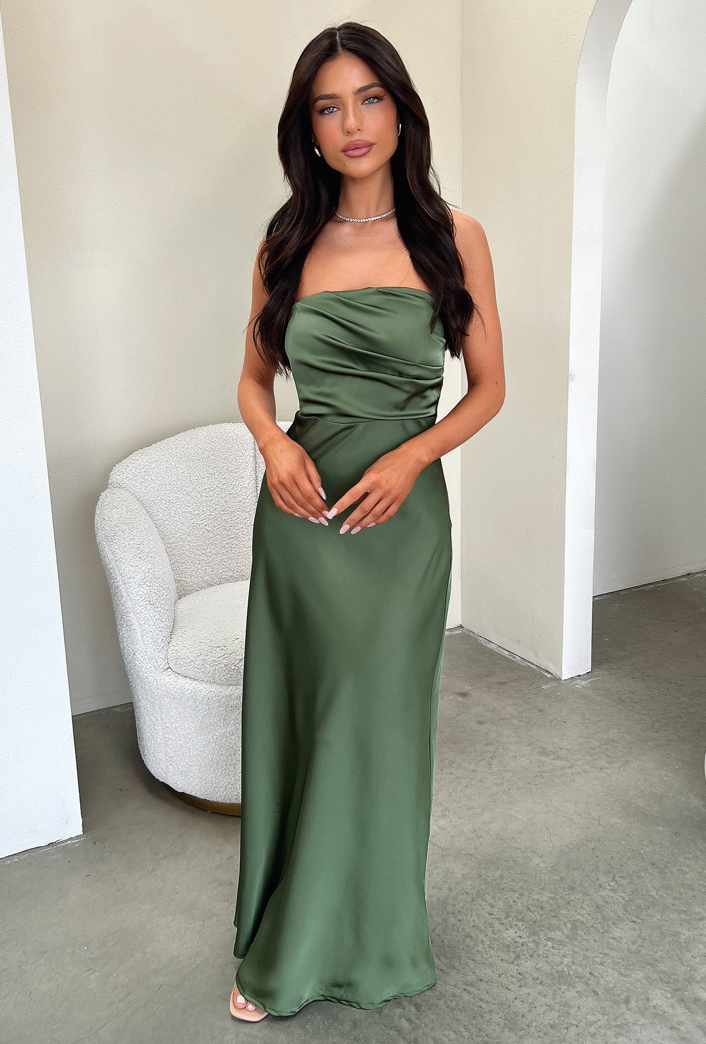 Elio Strapless Satin Maxi Dress - Olive