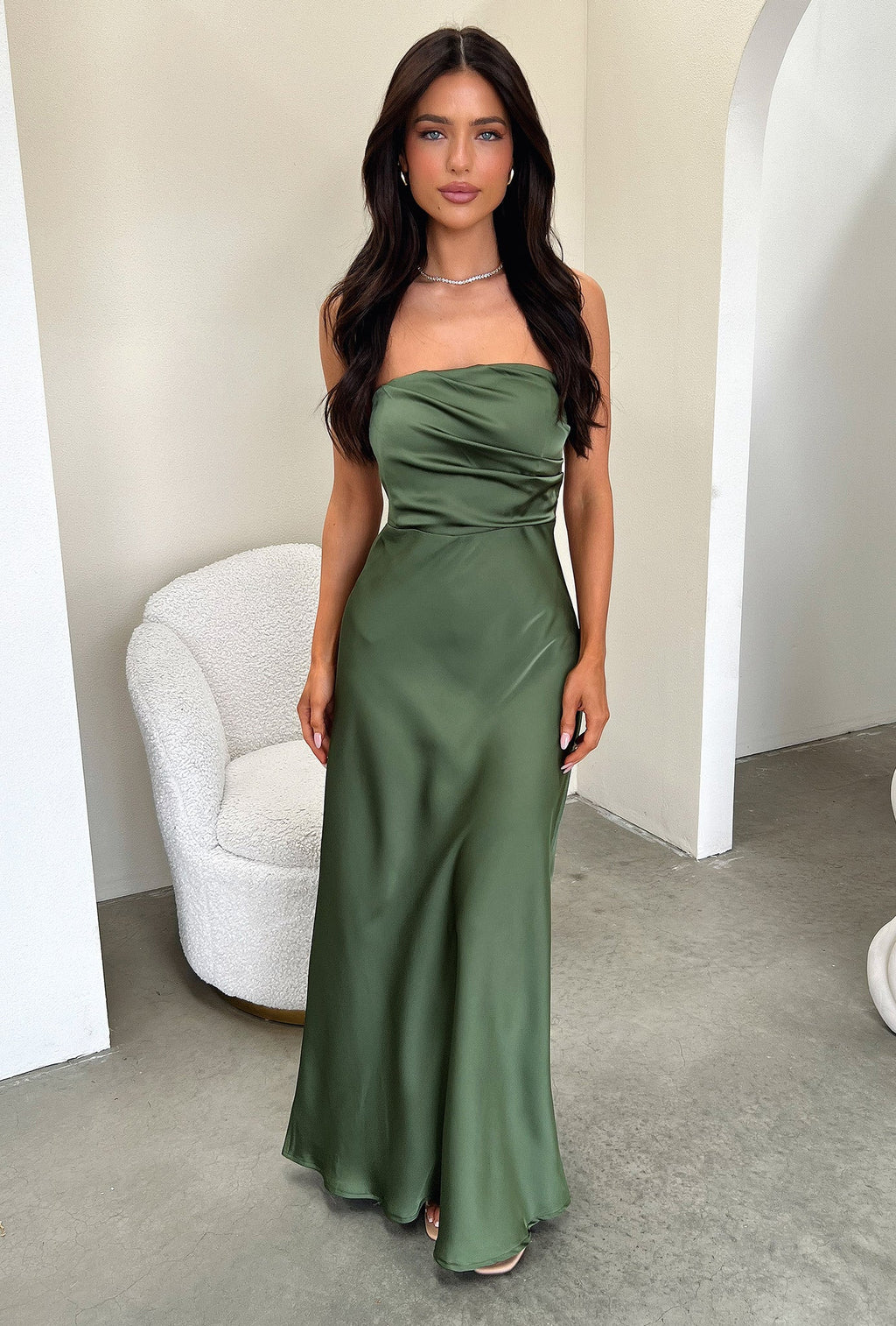 Elio Strapless Satin Maxi Dress - Olive
