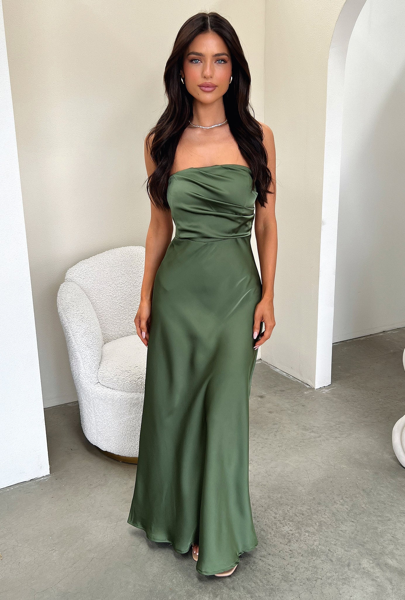 Elio Strapless Satin Maxi Dress - Olive