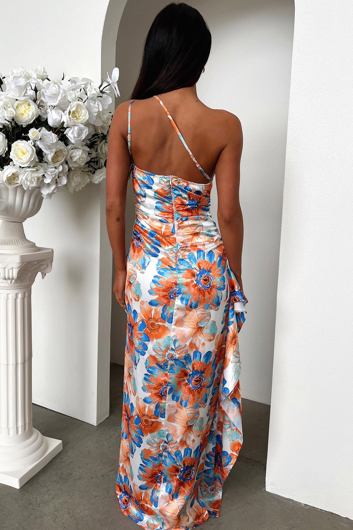 Elianna One Shoulder Satin Maxi Dress - Blue Floral